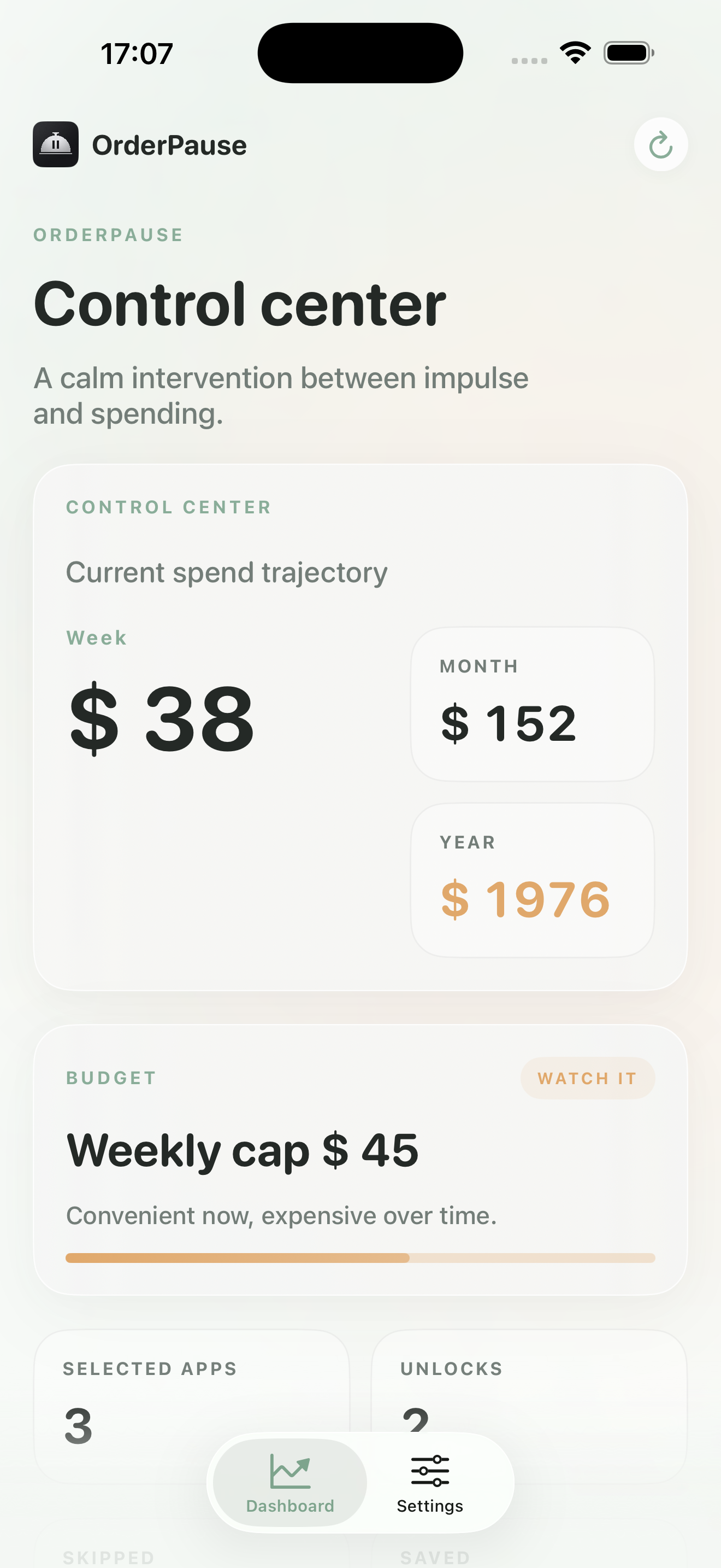 OrderPause dashboard screen